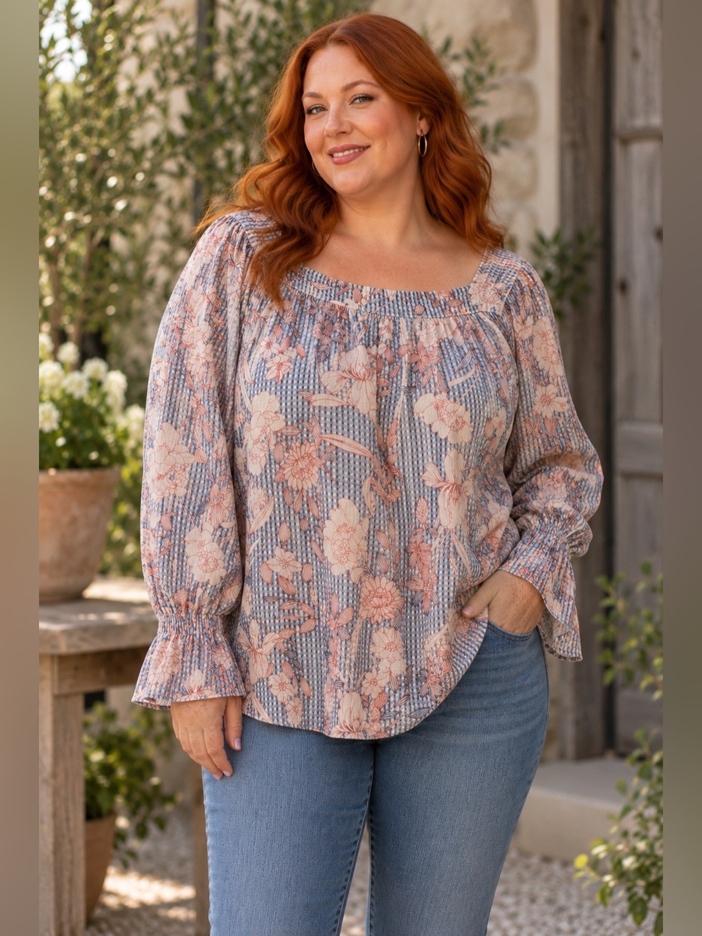Lauren Conrad XXL Floral Peasant Blouse Blue Pink Ruffle Sleeve
